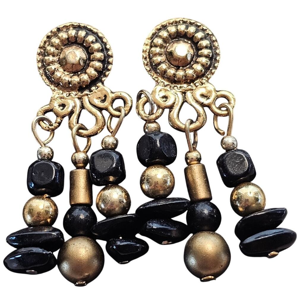 Black Gold Beaded Dangle Earrings Statement Post 1.5" Vintage Beads